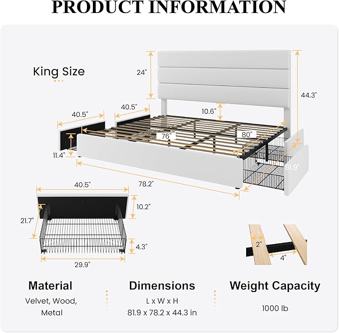 SHA CERLIN King Size Platform Bed Frame with 4 Storage Drawers, Velvet Upholstered Headboard, Mattress Foundation with Wooden Slats Support, No Box Spring Needed, Easy Assembly, White