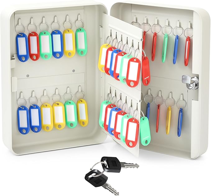 Ripeng 48-Keys Key Lock Box Wall Mount Steel Cabinet Security Holder with Tags and Hooks Key Organizer Wall Safe Storage for Car Office Hotel House Rental Business, White