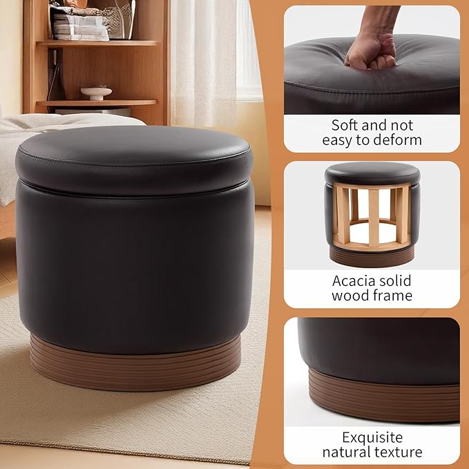 Round Ottoman with Storage,Swivel Vanity Stool-Leather Foot Rest,Upholstered Footstool Pouf with Sturdy Wooden Frame(500 Lb),Small Coffee Table & Hidden Storage Ottoman for Living Room