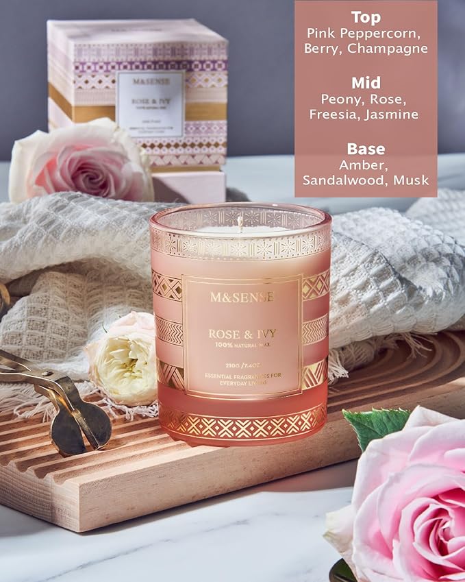 M&SENSE Rose Ivy Candle, Scented Candle Gifts for Women, 45 Hours Slow Burning Natural Soy 7.4oz, Stress Relief Luxury Aromatherapy Candles Home Decor, Christmas Thanksgiving Halloween Gifts for Her