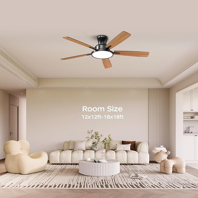 TALOYA Ceiling Fans with Lights and Remote, 52 inch Low Profile Ceiling Fan with Nightlight, Flush Mount, Reversible, 3CCT, Dimmable Black Modern Ceiling Fan for Bedroom, Living Room, Outdoor Patio