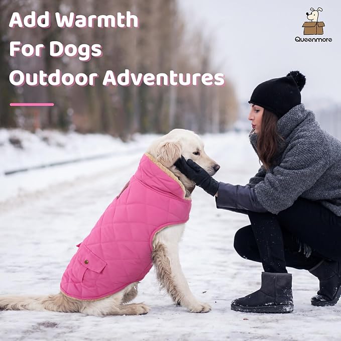 Queenmore Dog Winter Coat - Fleece Jacket, Waterproof Cold Weather Clothes, Thick Warm Cotton Padding, Easy On Storage Pockets (Pink, X-Large)