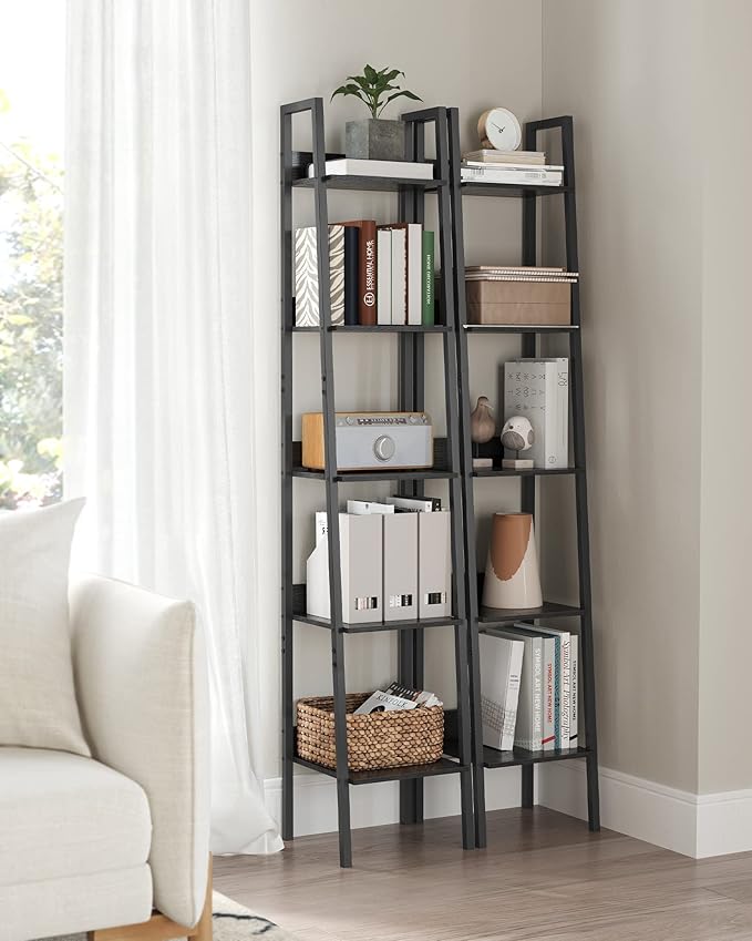 VASAGLE Bookshelf, 5-Tier Narrow Book Shelf, 11.8 x 13.3 x 66.9 Inches, Ladder Shelf for Home Office, Living Room, Bedroom, Kitchen, Ebony Black and Ink Black ULLS109B56