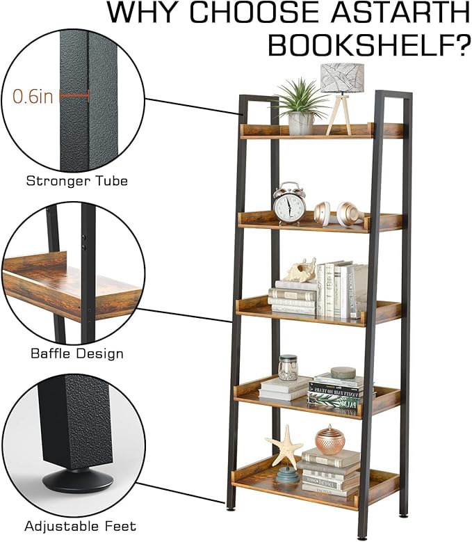 ASTARTH Ladder Shelf-5 Tier Bookshelves w/Open Shelf for Storage, Industrial Bookshelf & Tall Ladder Shelf-Metal Frame for Bedroom, Living Room, Kitchen-67.3'' H, Easy Assembly, Rustic Brown (HD021)