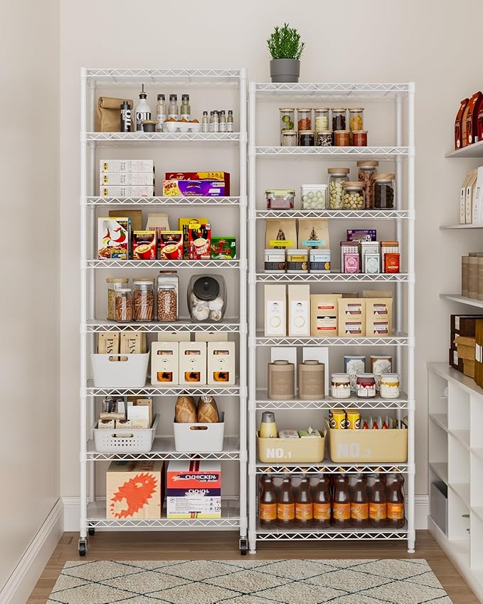 8 Tier Shelves Storage Shelf Wire Closet Bathroom Organizers Metal Pantry Kitchen Garage Shelving Unit Laundry Room Organization Home Rack Net Basket Black with Wheels 12”D X 22”W X 74.2”H