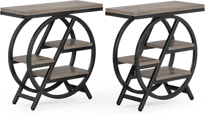 Tribesigns End Table for Living Room, 3-Tier Narrow Side Table with Storage, Wood Sofa Side Table with Geometric Metal Frame, Industrial Nightstand and Bedside Table for Bedroom