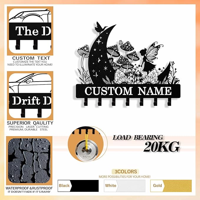 Personalized Fairy Key Holder Wall Mount, Custom Metal Keys Hanger for Wall with Name, Custom Key Rack Holder with Hooks for Home, Entryway, Front Door, Living Room, Kitchen, Bathroom