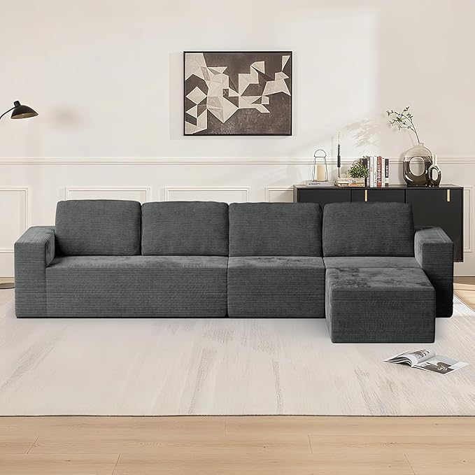 136" Cloud Sectional Couch, Left/Right Facing Convertible Sofa with Deep Seat, L-Shape Modular Upholstered Foam Couch for Living Room Bedroom, No Assembly Required (Corduroy Fabric, Grey)