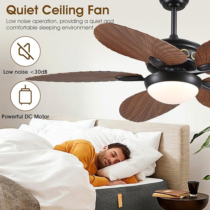 Ceiling Fans with Lights and Remote/APP Control, 52 Inch Tropical Palm Leaf Ceiling Fan with LED Lights, Outdoor Ceiling Fans for Patios Porch, Reversible Quiet Motor, Dimmable, Brown