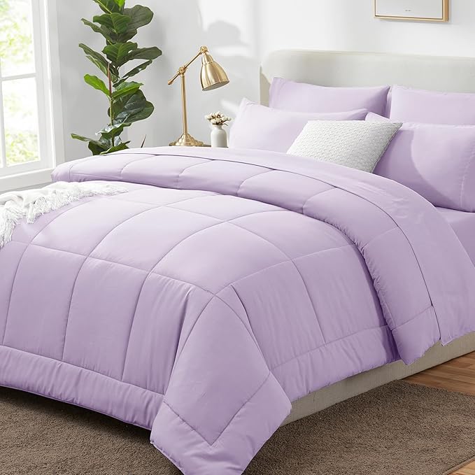 CozyLux Queen Comforter Set Lavender, 7 Pieces Bed in a Bag, Light Purple Comforter Queen Size, All Season Bedding Sets with Stitch Quilted Comforter, Flat Sheet, Fitted Sheet, Pillowcases