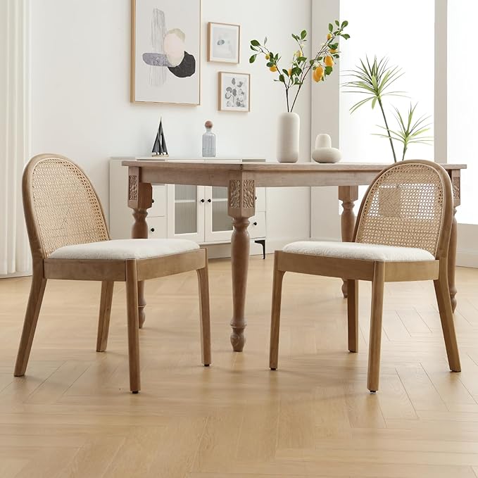 HEAH-YO Rattan Dining Chairs Set of 2, Upholstered Sherpa Dining Room Chairs with Backrests, Modern Kitchen Chairs with Wood Legs for Dining Room, White