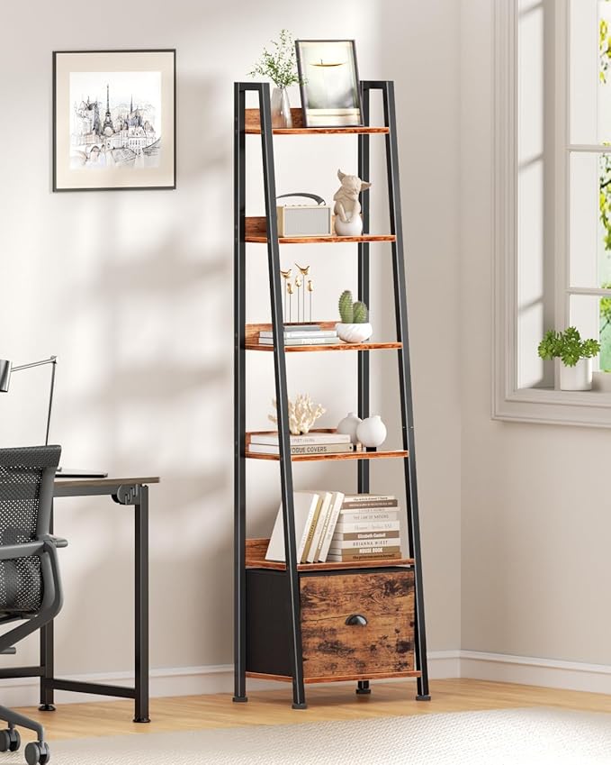 Furologee 6 Tier Ladder Shelf,Ladder Bookshelf with Drawer,Industrial Tall Bookcase,Storage Rack Organizer,Wood Metal Freestanding Shelves for Living Room, Home Office, Bedroom,Rustic Brown