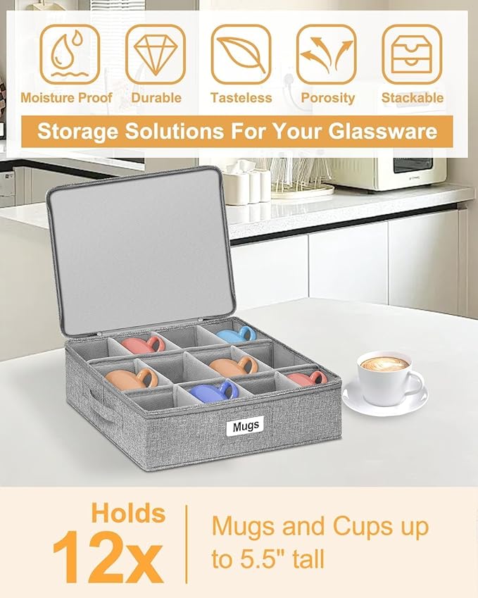 punemi Rigid China Storage Containers 5-Piece Set with Dividers, Quilted Stackable Plate & Dish Storage Protectors, Adjustable Mug and Cup Storage Organizer for Moving and Dinnerware storage, Grey