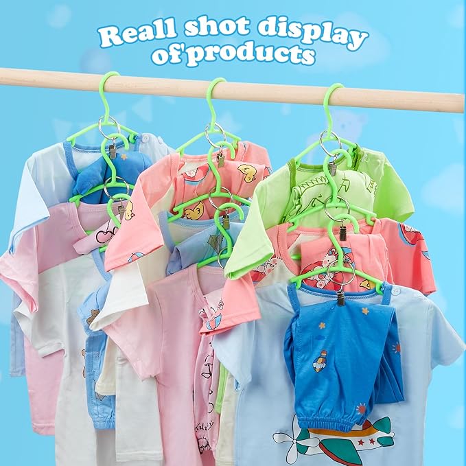 Baby Hangers with Metal Ring Clips, Children Plastic Hanger for Kids Pants Clothes Closet, 20 Pack, Green