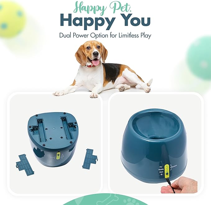 Automatic Dog Ball Launcher - Dog Ball Fetch Machine, Ball Thrower for Dogs, for Small to Medium Sized Dogs, Interactive Dog Toy with 6 Latex Balls, Plug-in & Battery Options - 4 Launch Distances