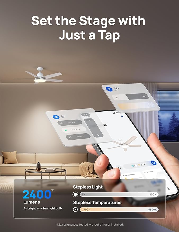 Dreo Smart Ceiling Fan with Lights, 52 Inch, 12 Speeds & 3 Fan Modes, Stepless Color Tones, Dimmable LED Light, 12H Timer, Quiet DC Motor, Remote/APP/Alexa Control, White Ceiling Fans Indoor