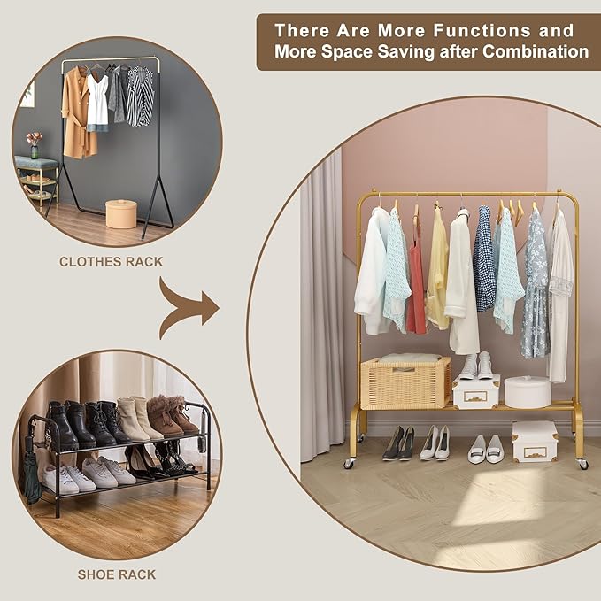 JIUYOTREE Metal Clothing Rack with Wheels 43.3 Inches Rolling Clothes Garment Coat Rack with Bottom Shelf Clothing Rack for Hanging Clothes Coats Skirts Shirts Sweaters Gold