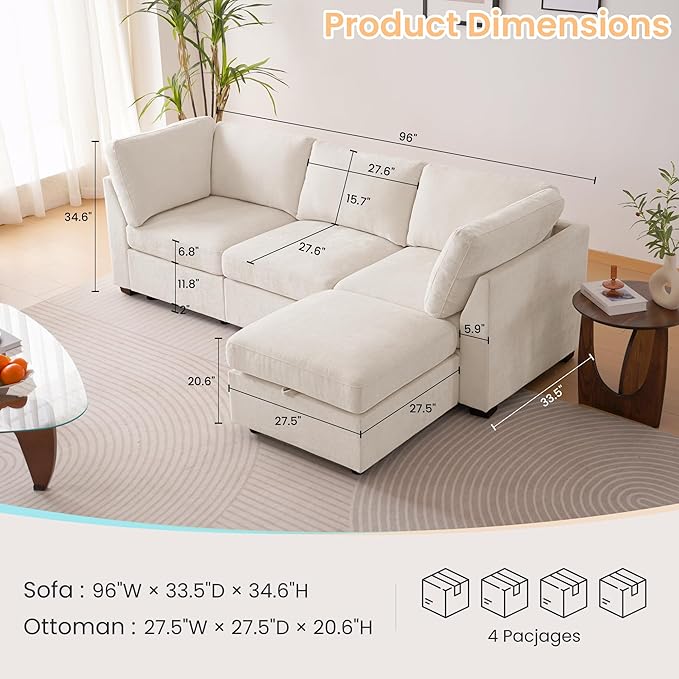 TEKAMON 96" Modular Sectional Sofa,Large Comfy Cloud 3-Seat Deep Seat,Reversible Chaise Modular Sectional Couches for Living Room and Apartmenr,Beige