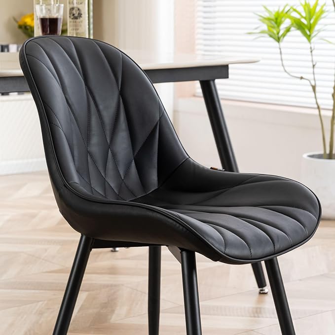 Rowill Black Dining Chairs Set of 2 - Upholstered Faux Leather Kitchen Chairs with Soft Cushion Backrest, Sturdy Metal Legs & Non-Slip Pads, Perfect Modern Design for Home Dining Room, Kitchen