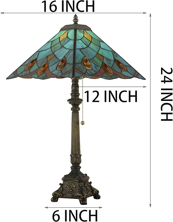 Tiffany Table Lamps Sky Blue Stained Glass Crystal Style Mission Desk Lamp 12X12X24 Inch Bronze Resin Base