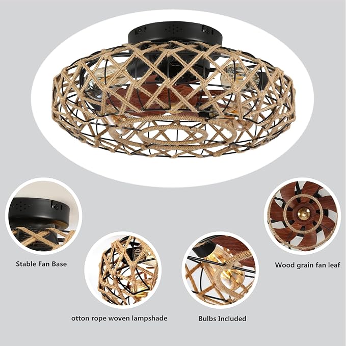 20''Rustic Hemp Rope Caged Ceiling Fans with Lights and Remote Hand-Woven Rattan Flush Mount Ceiling Fan with Light Farmhouse Boho Include Bulbs 6 Speeds Reversible for Bedroom,Kitchen Island