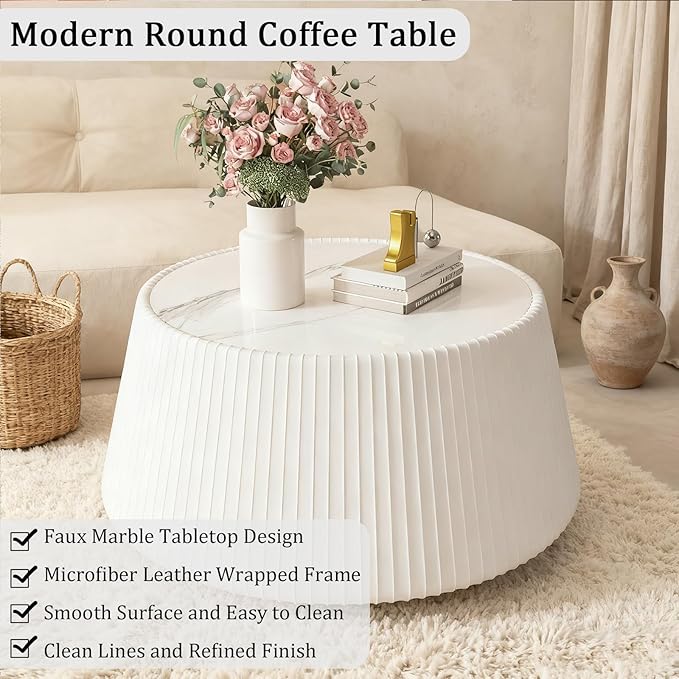 Round Coffee Table Set with Sintered Stone Tabletop, 26.77" White Drum Center Table and 19.68" Grey Coffee Table Set, 2 Pieces Living Room Table Set with Fluted PU Leather Cover& Stable Base