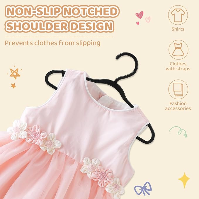100 Pack Black Baby Hangers 11.42 Inch - Kids Non-Slip Clothes Hangers for Infant & Child, Durable Plastic Children's Hangers for Closet, Pants, Coats, Skirts