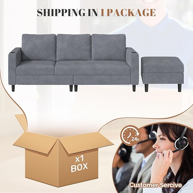 Upholstered Sectional Sofa and Couches, 78'' L Shaped 3-seat Sofa for Living Room, Apartment, Lounge,Bedroom-Washable Covers Convertible Sofas(Corduroy,Light Gary)