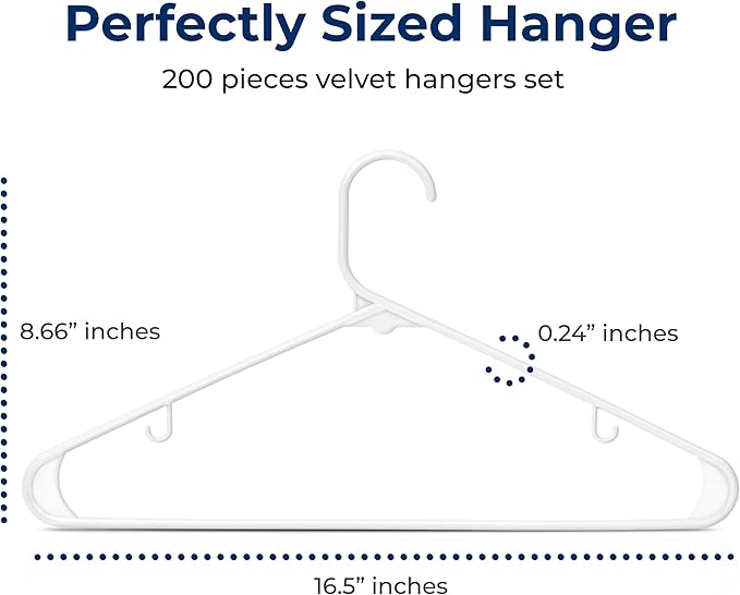 SereneLife White Plastic Hangers 200 Pcs, Durable Hanger Set with Slip Design, Tubular Hangers with 2 Integrated Strap Hooks, Mega Pack for Clothes