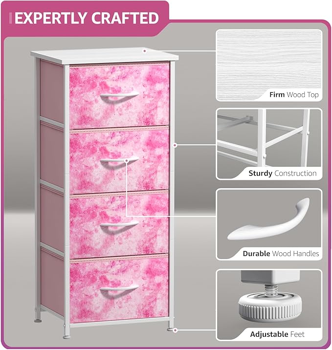 Sorbus Dresser Storage Tower, Organizer Drawers for Closet Boys & Girls Bedroom, Bedside Furniture, Chest for Home, College Dorm, Steel Frame, Wood Top, Tie-dye Fabric Bins(4-Drawer, Pink)