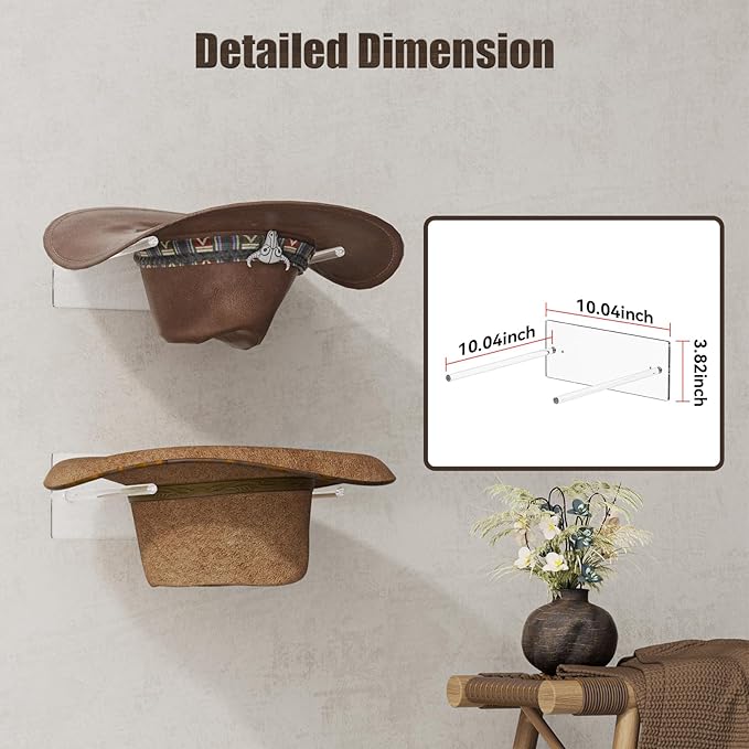Cowboy Hat Rack for Wall: 2 Pack Acrylic Hat Holder Organizer - Western Rustic Wall Mounted Hat Hanger Stand for Cowboy Hat, Fedora, Sun Hats