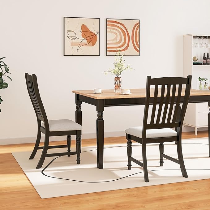 Giantex Wood Dining Chairs Set of 2, Farmhouse Black Kitchen Chair with Solid Wood Frame, Max Load 355 Lbs, Armless Upholstered Dining Side Chairs with Cushion Seat, Slat Back Dining Room Chairs