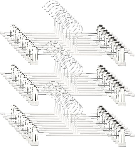 Pants Hangers with Clips - 30 Pack Heavy Duty, Non-Slip Adjustable Space Saving Skirt Hangers for Pants, Jeans, Shorts | White | 12 Inch