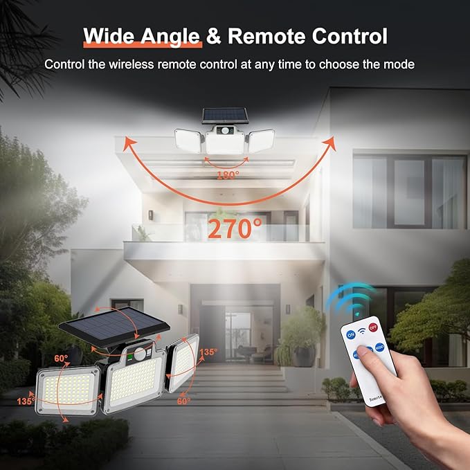 280 LED Solar Flood Security Lights, Solar Outside Lights with Remote Control, Motion Sensor Lights Outdoor, Waterproof for Porch, Patio, Yard, Garage, 2 Pack