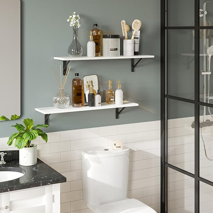 DINZI LVJ Long Wall Shelves, 31.5 x 7.9 x 6.1 Inches, Set of 2 White Floating Shelves, Easy-to-Install, Large Storage Ledges with Sturdy Metal Brackets for Living Room, Bathroom, Bedroom, Kitchen