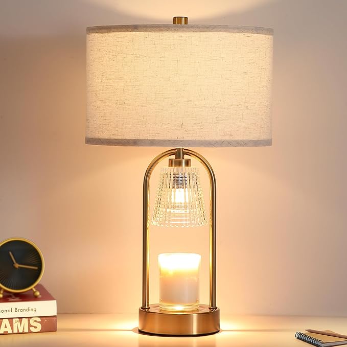 Plug in Gold Candle Warmer Lamp with Timer Dimmable, Wax Melts Candle Warmer with Beige Fabric Shade Lamp, Gold Table Lamp for Bedroom,Mothers, Gifts,Scented Jar, Include 3 Bulb
