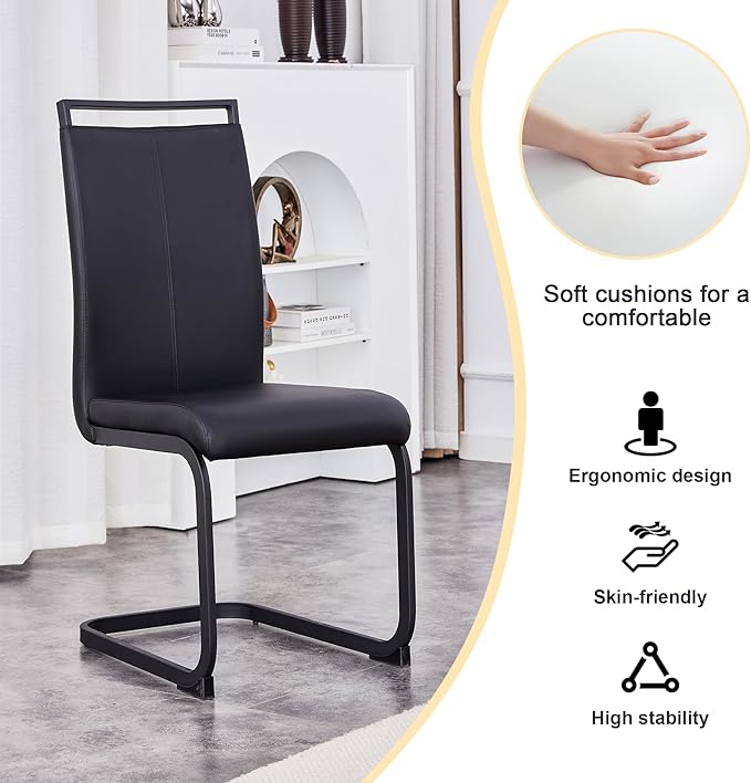 71" Dining Table Set for 8, Black Faux Marble Dining Room Table Set for 8, Large Rectangular Kitchen Table Set and PU Leather Chairs,Glossy Tempered Glass Table with Black Leg