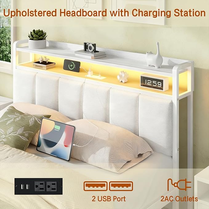 Twin Bed Frames with Charging Station and LED Lights, Metal Platform Bed Frame Twin with Upholstered Storage Headboard, Heavy Duty Metal Slats Support, No Box Spring Needed, Easy Assembly, White