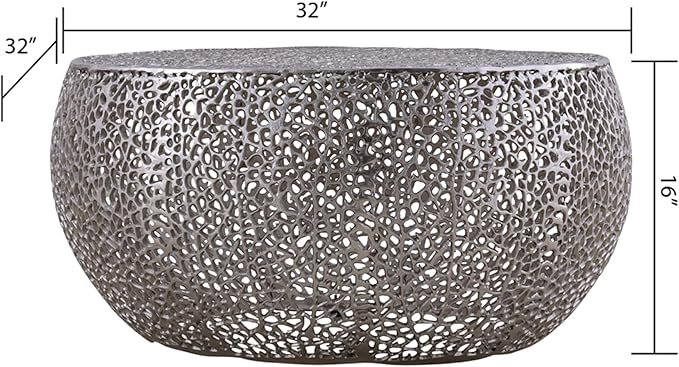 Modern Contemporary Round 32" Coffee Table, Solid Aluminum intrigued Design, Drum Shaped Mesh Cocktail Table, Creative Center Table for Living Room and Bedroom, Casted in Silver