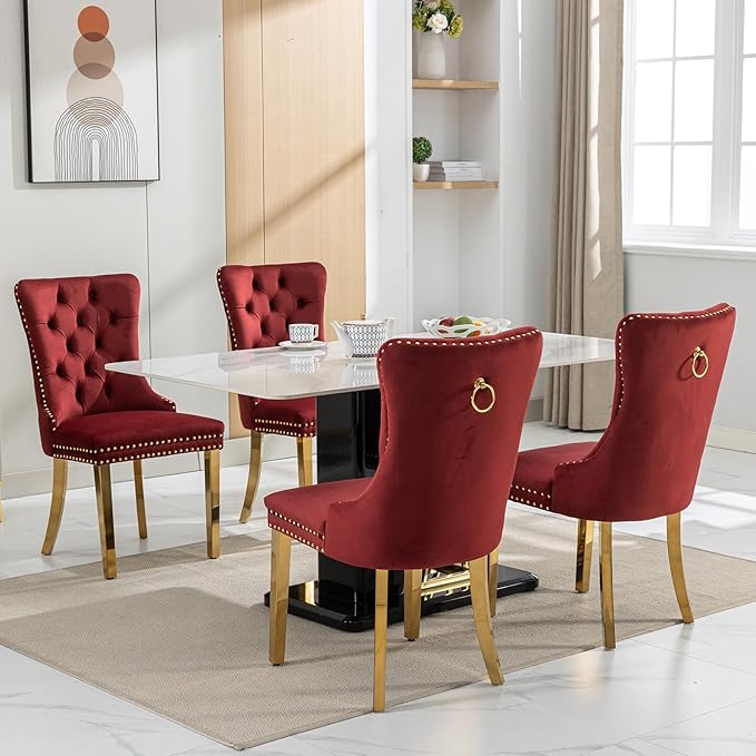 Luxury Upholstered Dining Chairs Set of 2, Red Kitchen Chair with Golden Metal Legs, Velvet Tufted Back Dining Chair, Sillas de Comedor, Modern Kitchen & Dining Room Chairs (Burgundy, 2 Pcs)