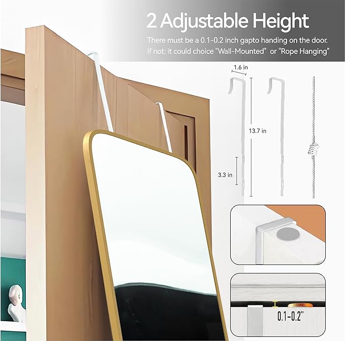 57x16 Door Hanging Full Length Mirror, Floor Stand (Height 5.7ft just Body in1.3ft) Wall Mounted Metal Frame Rectangle Dressing Mirrors for Bedroom Bathroom Room 57 inch Gold