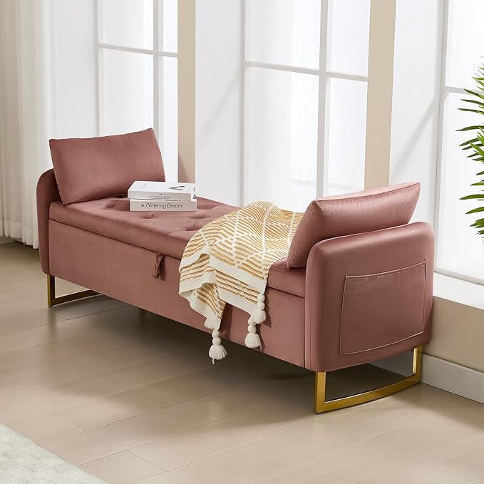 65" Storage Ottoman Bench, End of Bed Storage Bench King Size with Tufted Button Upholstered and Gold Legs, Bedroom Benches with Armrests for Living Room Window and Entryway, Rose Gold