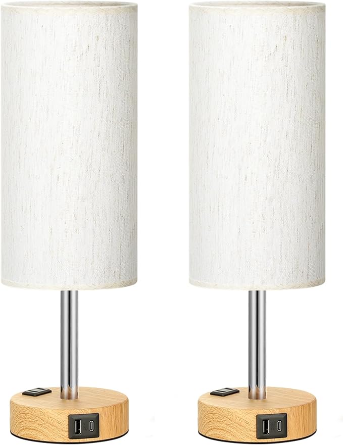 Fenmzee Small Touch Table Lamps Set of 2-3-Way Dimmable, USB A + C Charging, AC Outlet, Wood Grain Base, Bulbs Included