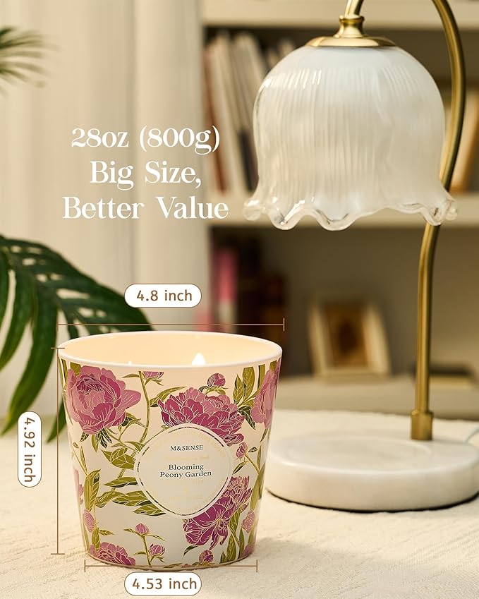 M&SENSE Blooming Peony Scented Candle, 28.2oz 3 Wick Natural Soy Wax Large Candles, Long Lasting Clean Slow Burning No Toxic Décor for Home Relaxation, Romantic Dates & Gift-Giving