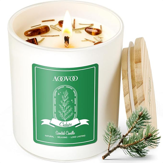 AOOVOO Cedar Scented Candles for Women - Aromatherapy Candle with Crystals Inside, 10oz Soy Candles for Home Scented, Birthday Gifts Christmas Candle for Women Mom