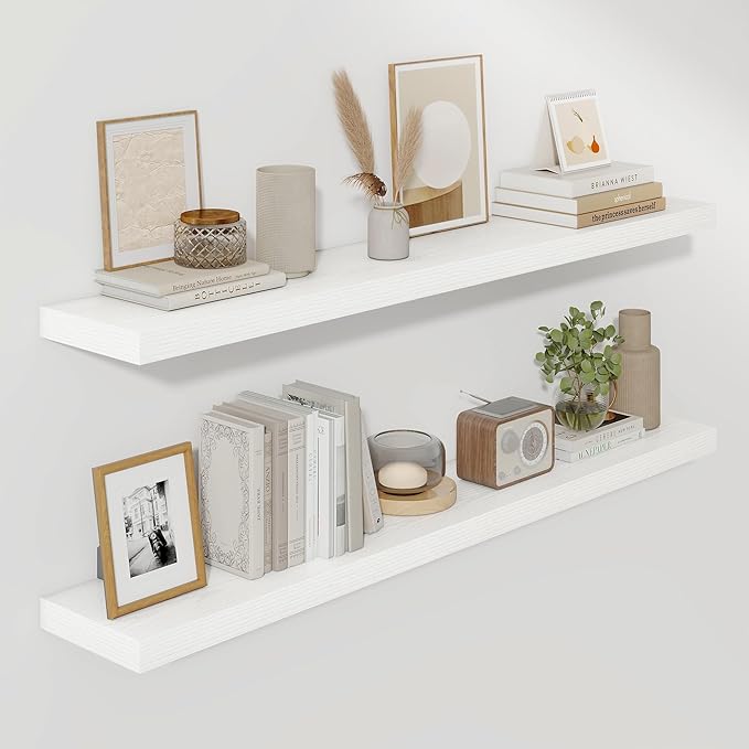 Fun Memories 55 Inch Floating Shelves for Wall, Fireplace Mantel Shelf with Invisible Heavy Duty Bracket, 8 Inch Deep Storage Shelf for Living Room, Kitchen, Farmhouse, White (2-Pack)