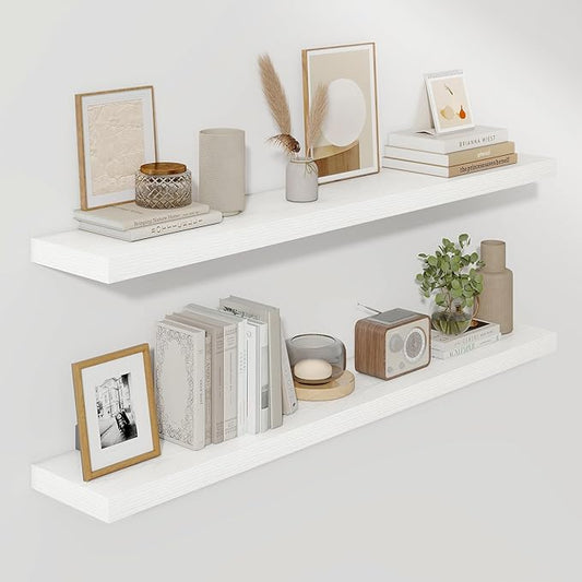 Fun Memories 55 Inch Floating Shelves for Wall, Fireplace Mantel Shelf with Invisible Heavy Duty Bracket, 8 Inch Deep Storage Shelf for Living Room, Kitchen, Farmhouse, White (2-Pack)