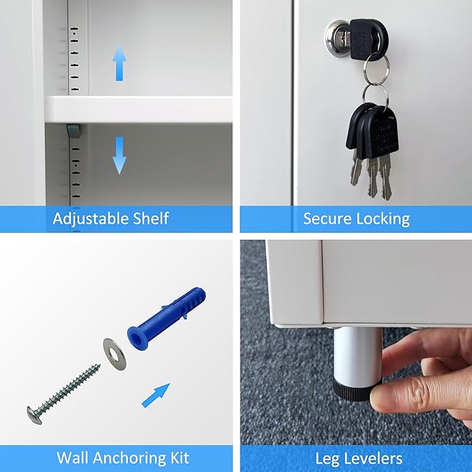 Metal Storage Cabinet with Locking Doors and Adjustable Shelf, Small Lockable Sideboard Buffet Cabinet for Home Office Hallway Entryway Living Dining Room (White)