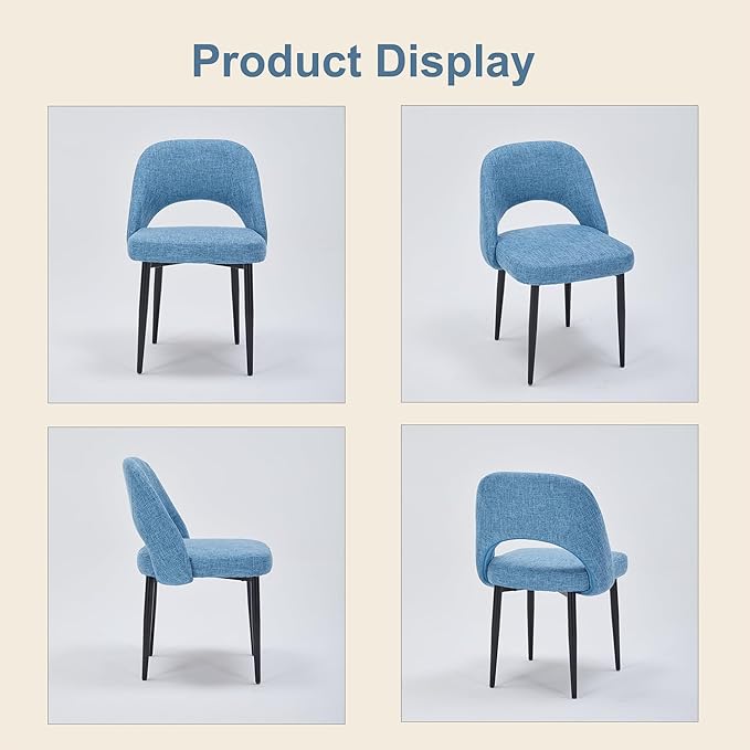 Modern Dining Chairs, Fabric Upholstered Accent Kitchen Chairs with Comfy Padded Seat & Sturdy Metal Legs, Side Farmhouse Chairs for Dining Room, Living Room, Restaurant (Blue, Set of 2)