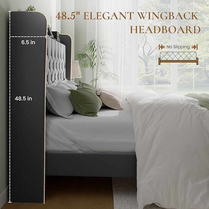 SHA CERLIN King Size Platform Bed Frame with Charging Station, Velvet Wingback Headboard with Storage Shelf, Wooden Slats Support, Ample Under-Bed Space, No Box Spring Needed, Easy Assembly, Grey